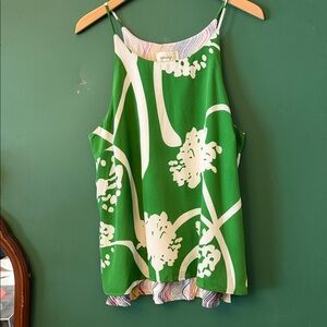 Anthropologie Porridge Green Floral Tank w/Striped Layer Split Back Womens XL